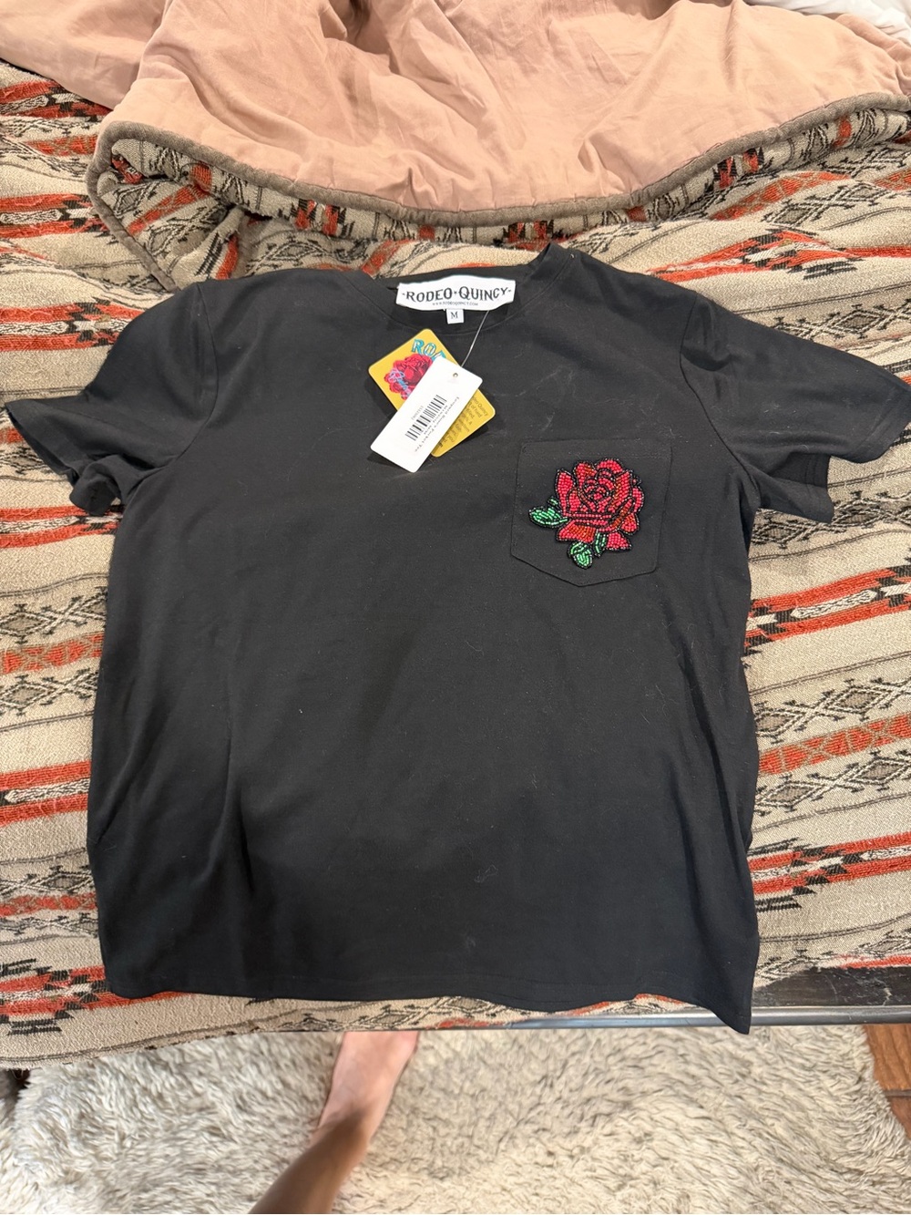 Rodeo Quincy Women's Black Short Sleeve Tee with Embroidered Red Rose Pocket